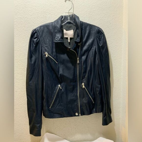 Rebecca Taylor Blue Moto Genuine Leather Jacket Full Zip Long Sleeve Size 2 - Picture 2 of 12